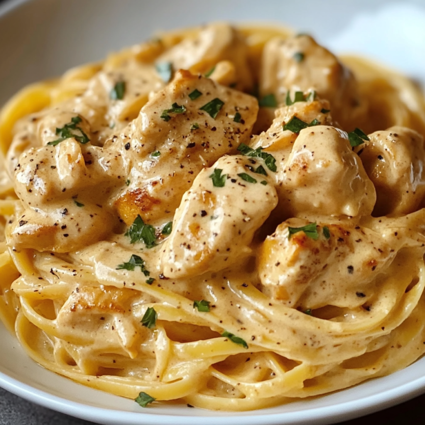 A bowl of creamy cowboy butter chicken linguine.