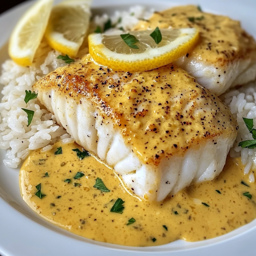 A plate of fish with a lemon wedge on top.
