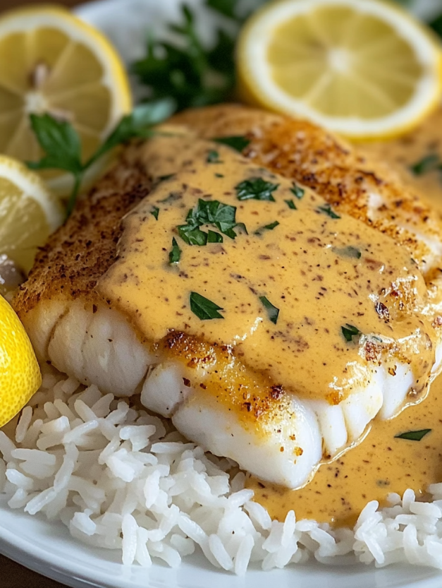 A fish dish with a creamy sauce and lemon wedges.