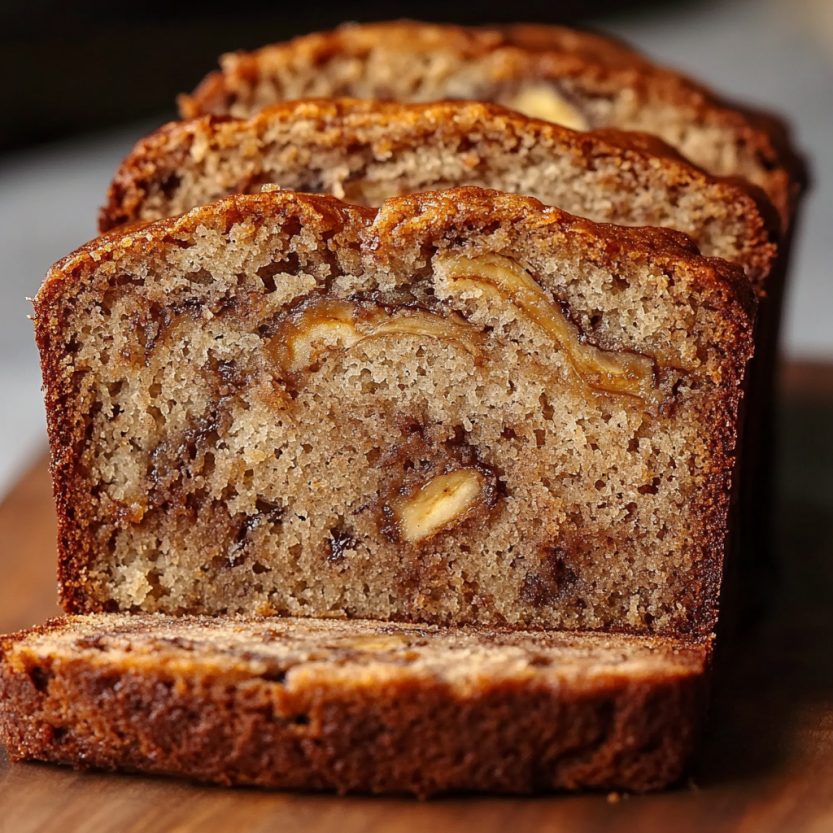 A slice of banana bread on a wooden table.