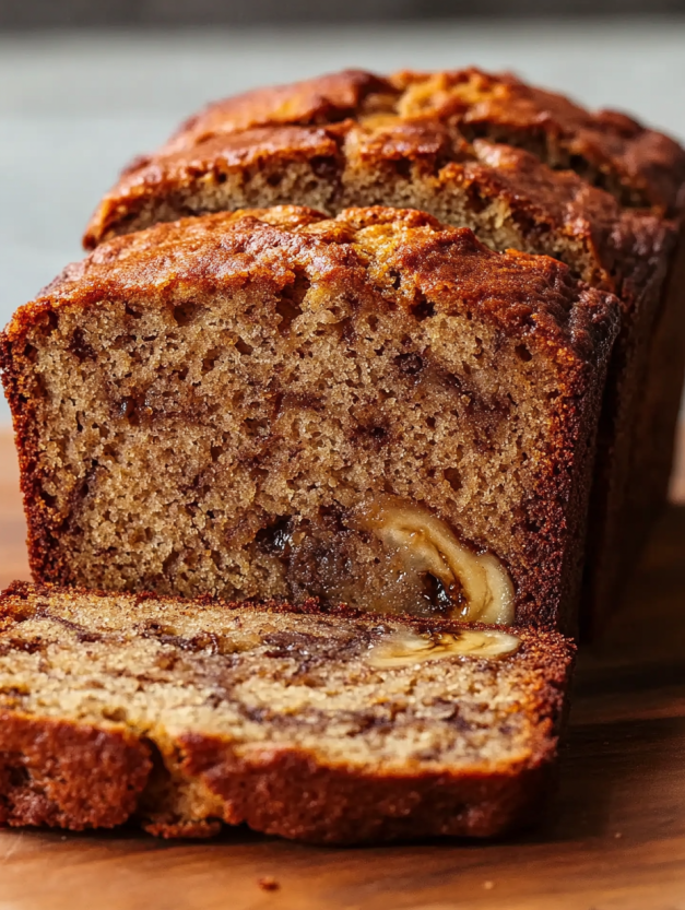 A slice of banana bread on a table.