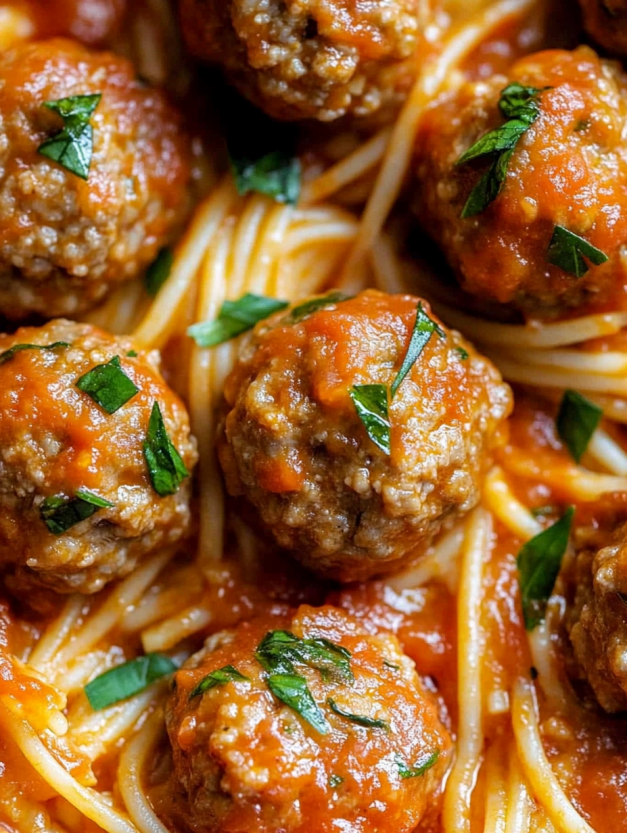 A plate of spaghetti with meatballs on top.