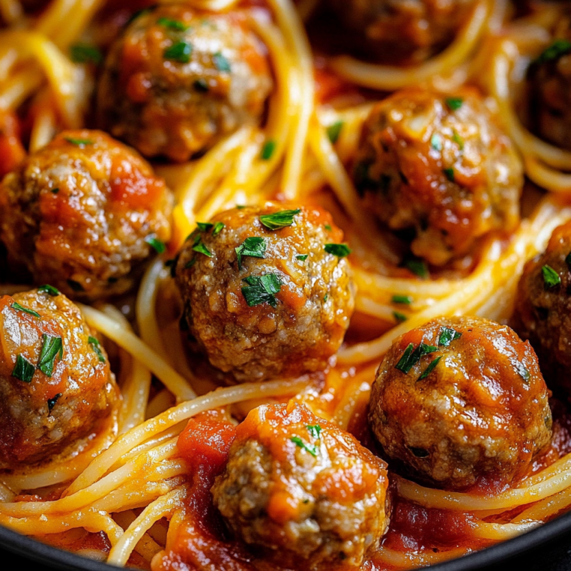 A plate of spaghetti with meatballs.