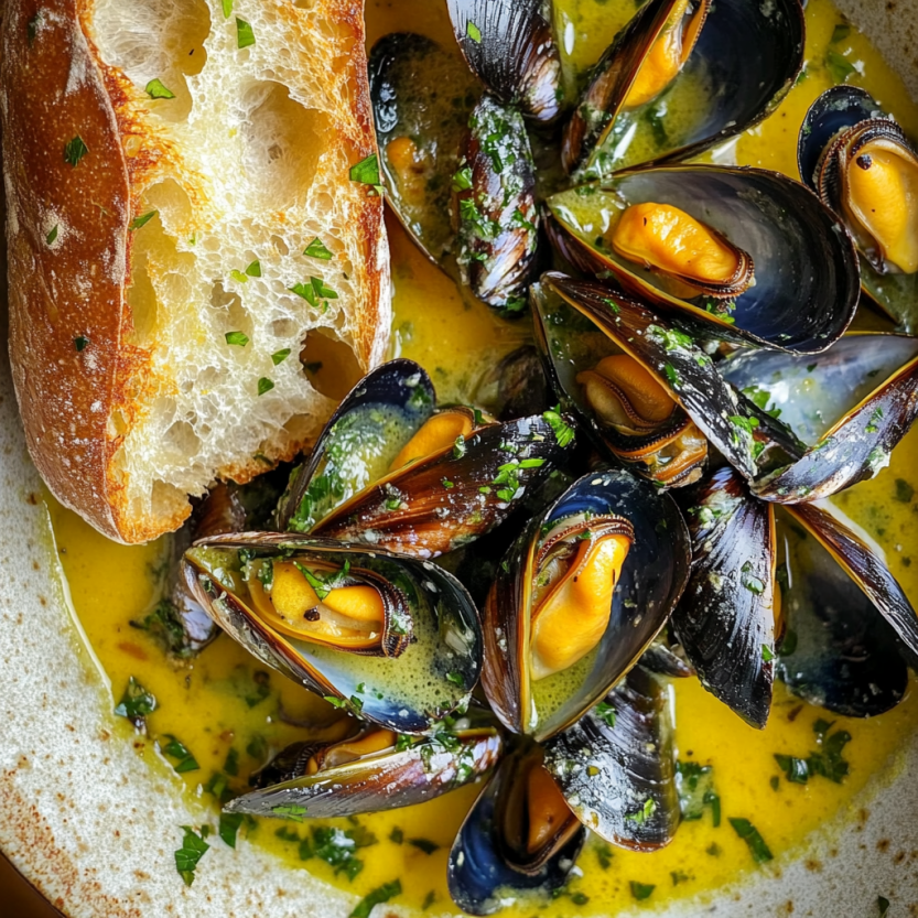 A plate of mussels with a slice of bread and a green herb.