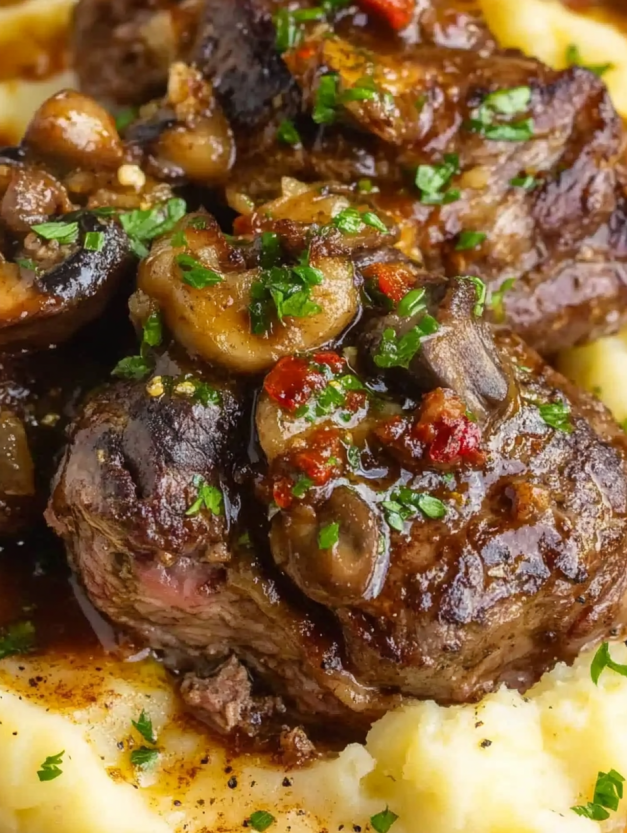 A close up of a piece of meat with mushrooms and herbs on top.