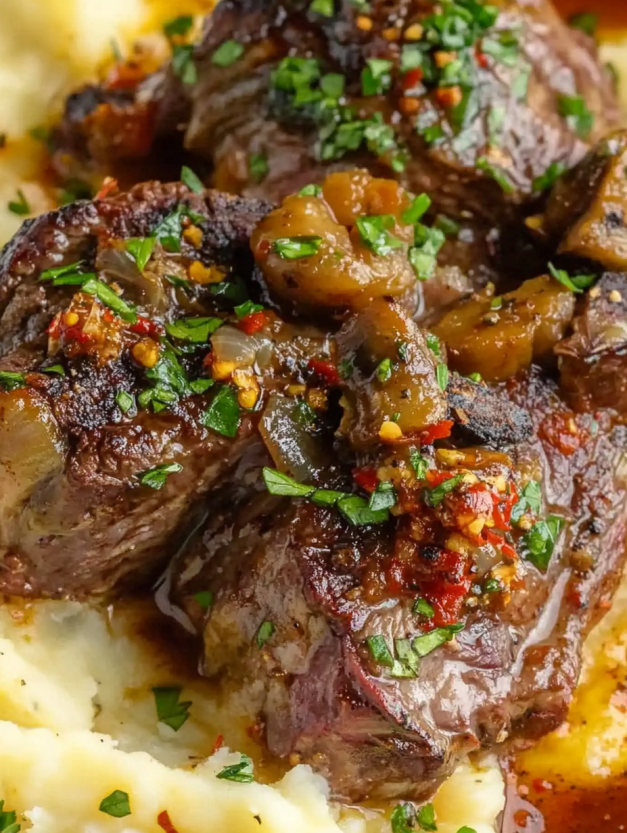 A close up of a piece of meat with garlic butter and mushrooms on top.