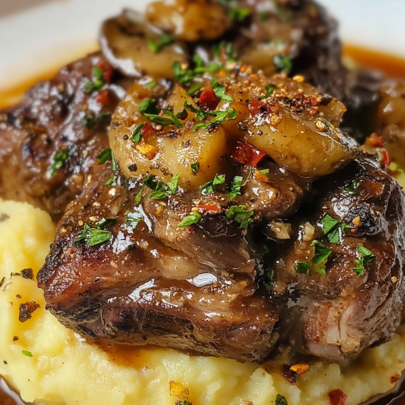 A plate of meat with garlic butter and mushrooms.