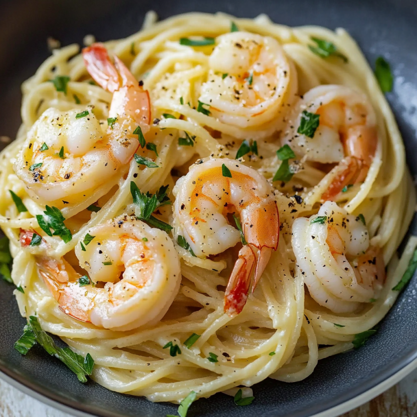A bowl of garlic butter prawn pasta.