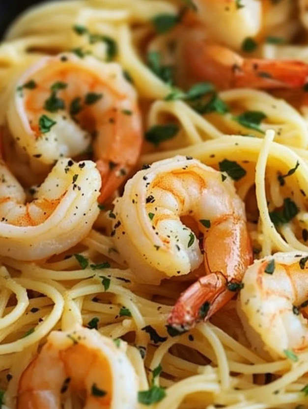 A plate of garlic butter prawn pasta.