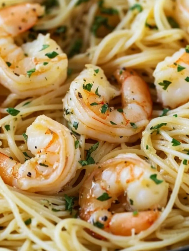 A plate of garlic butter prawn pasta.