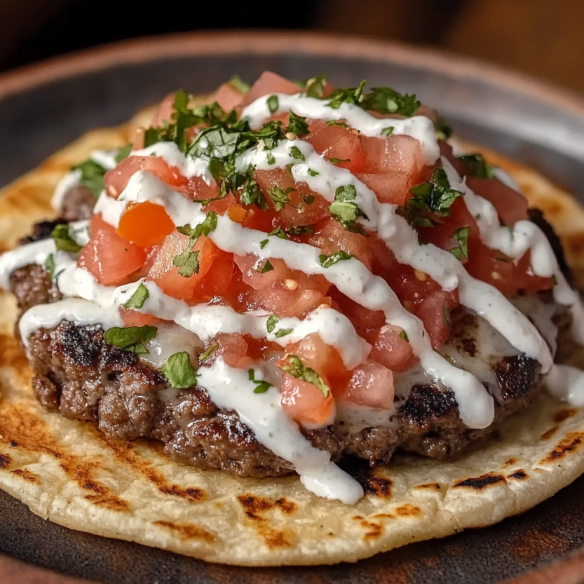 A smash burger taco with tomatoes and cheese.