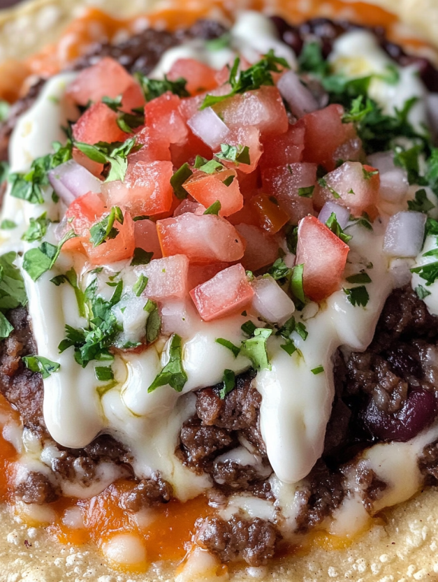 A smash burger taco with tomatoes and cheese.