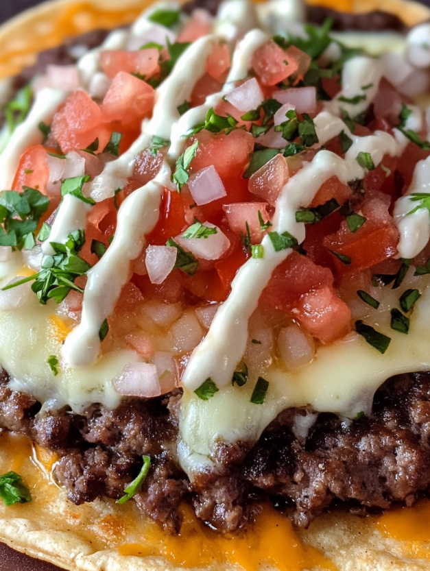 A smash burger taco with tomatoes and cheese.