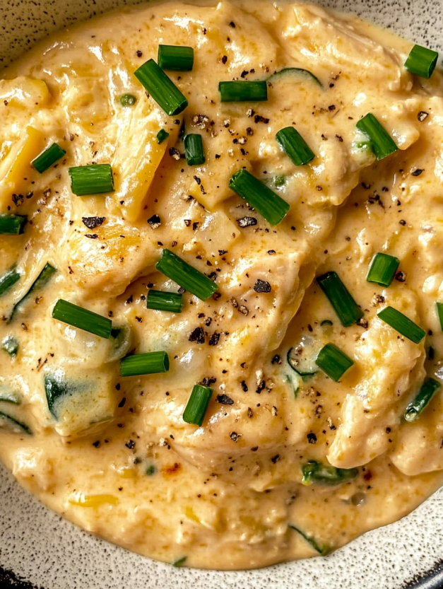 A bowl of creamy chicken soup with pasta.