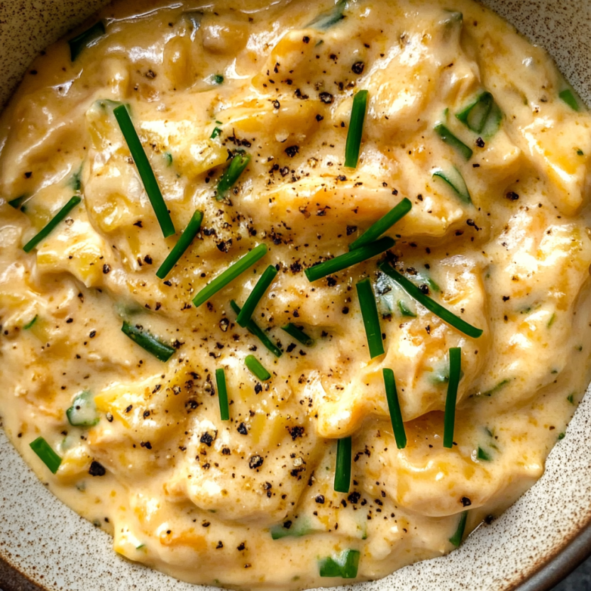 A bowl of creamy chicken soup with pasta.