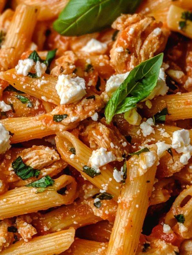 A dish of pasta with tomato sauce and feta cheese.