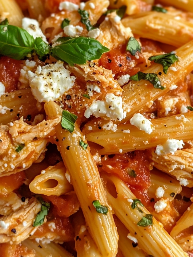 A plate of salmon feta pasta with tomato sauce.