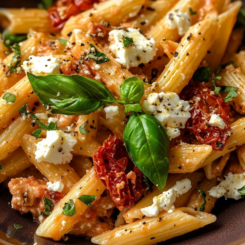 A bowl of pasta with tomatoes, feta cheese, and salmon.