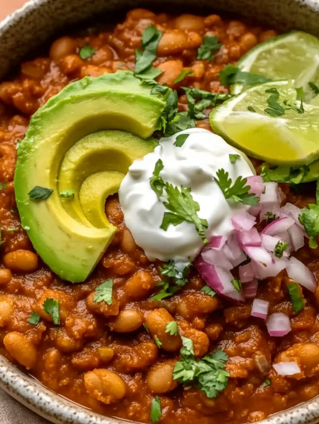 A bowl of Mexican pinto beans with guacamole and sour cream on top.