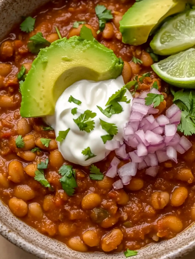 A bowl of Mexican pinto beans with white sauce and onions.