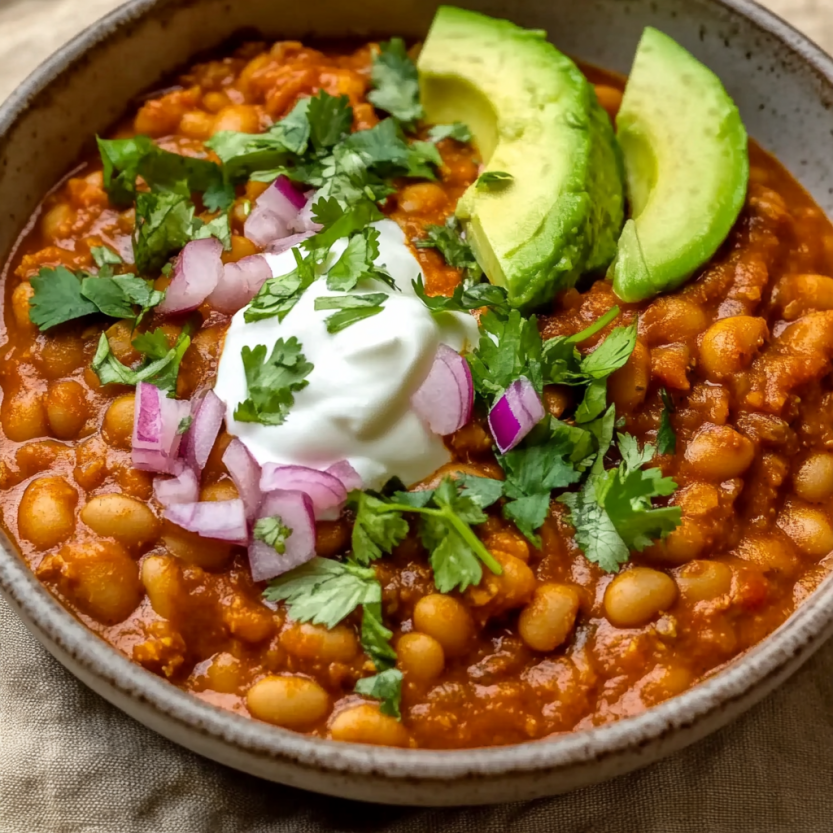 A bowl of Mexican pinto beans with a dollop of sour cream on top.