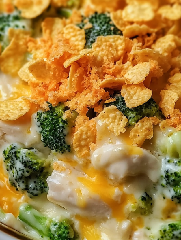 A close up of a chicken divan casserole with cheese and broccoli.