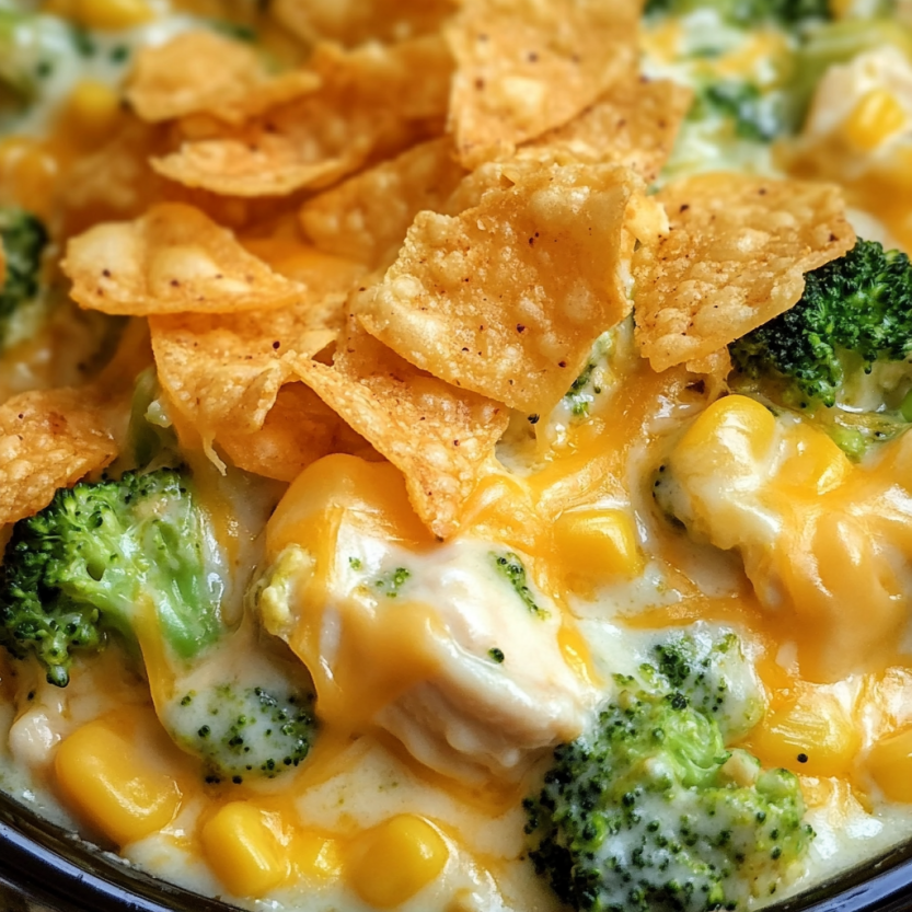 A close up of a chicken divan casserole with chips on top.