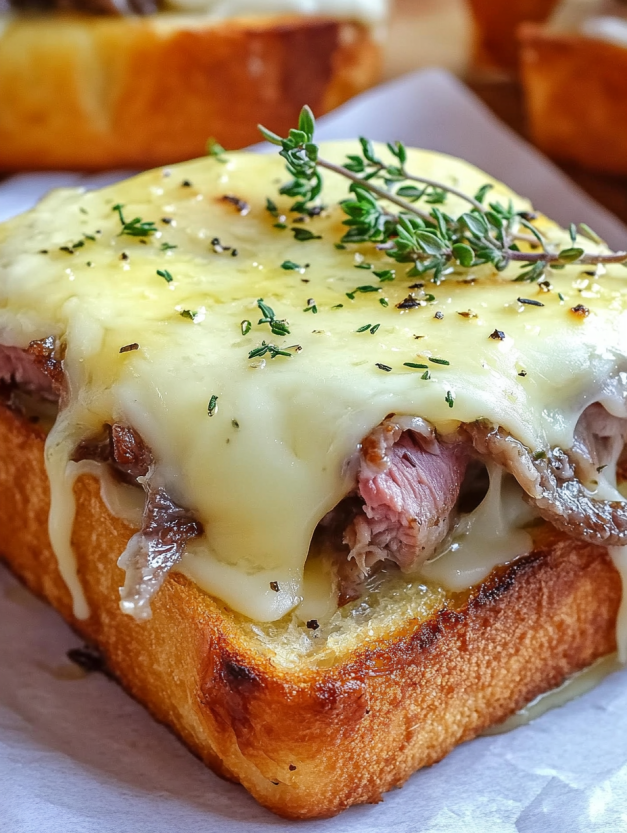 A slice of Texas toast with meat and cheese.