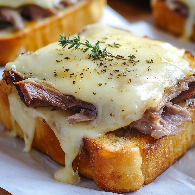 A slice of Texas toast with meat and cheese.