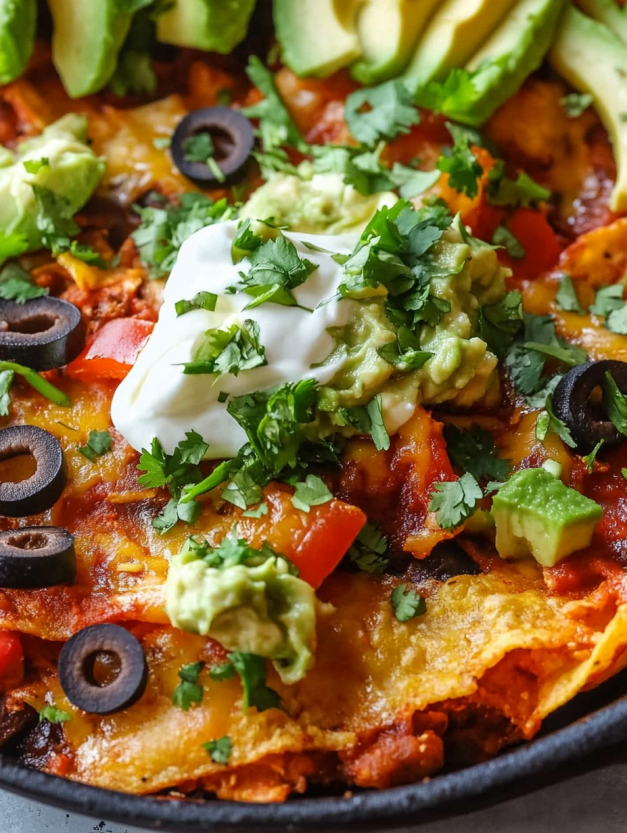 A close up of a delicious looking skillet with a variety of toppings.