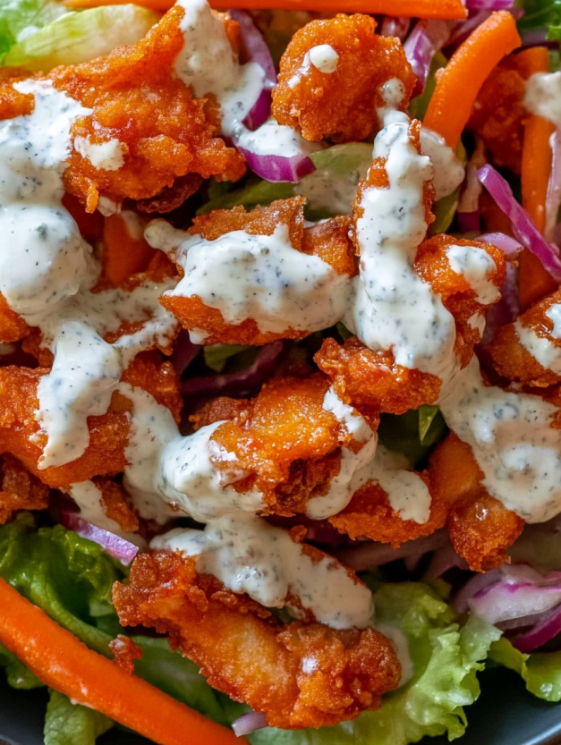 A salad with crispy buffalo chicken.