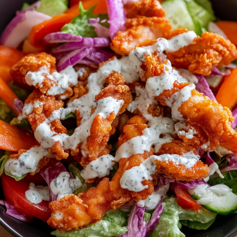 A salad with chicken and dressing.