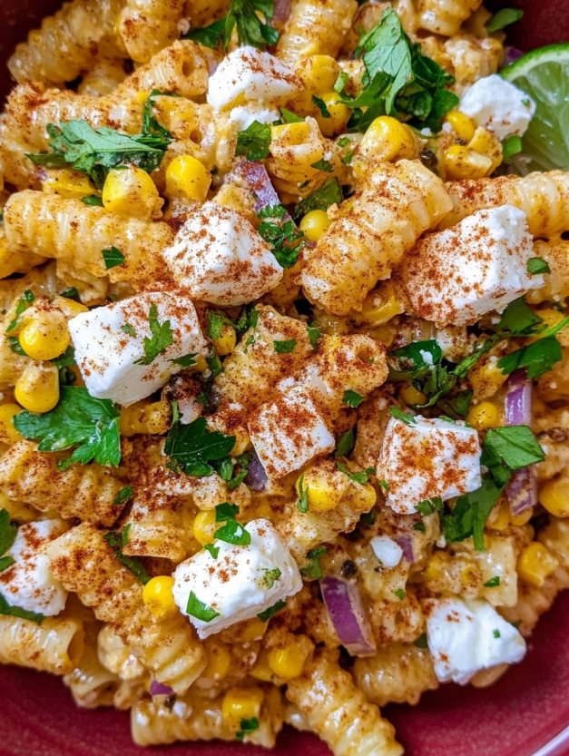 A close up of a dish with street corn pasta salad.