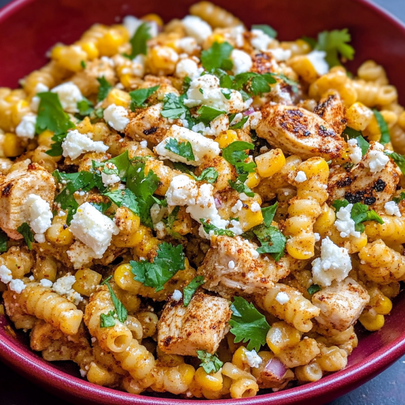 A bowl of pasta salad with corn and cheese.