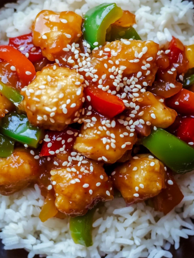 Sweet and sour tofu with rice.