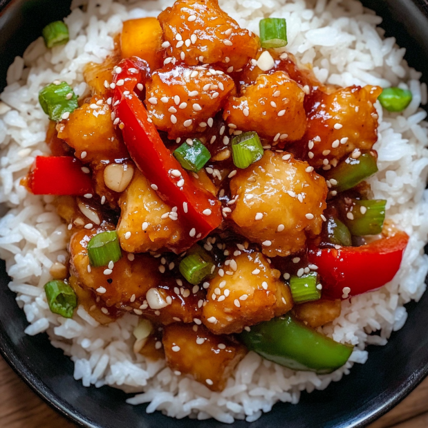 A bowl of Sweet and Sour Tofu.