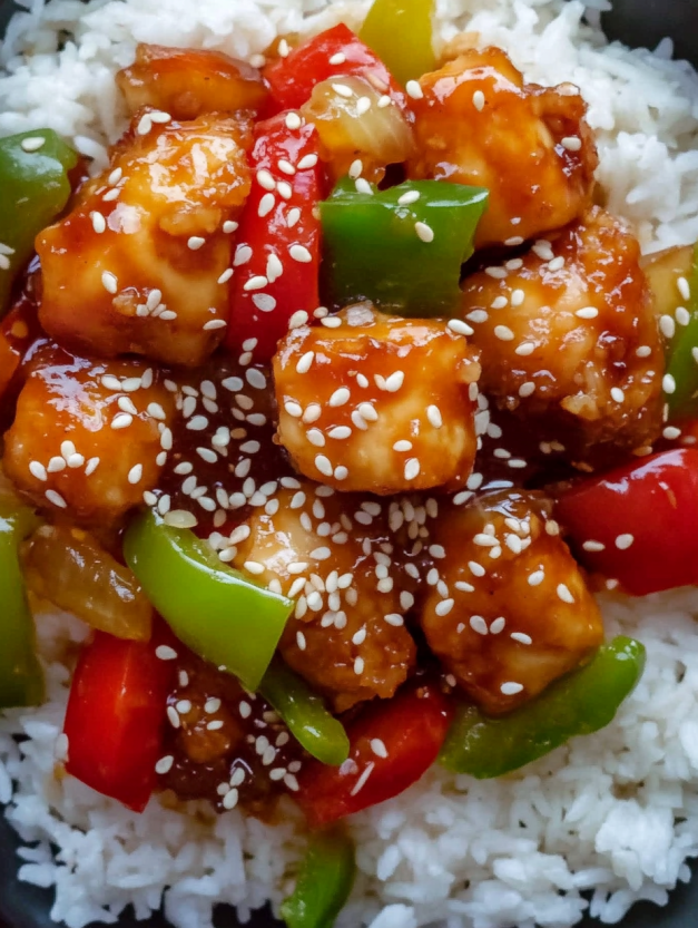 Sweet and sour tofu with rice.
