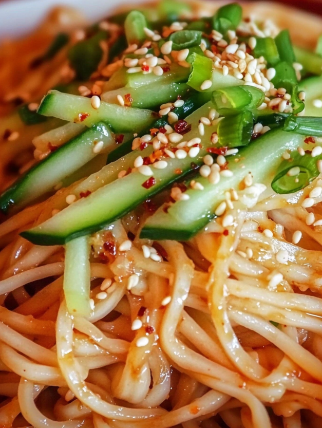Cold Sesame Noodles with Cucumber and Sesame Seeds.