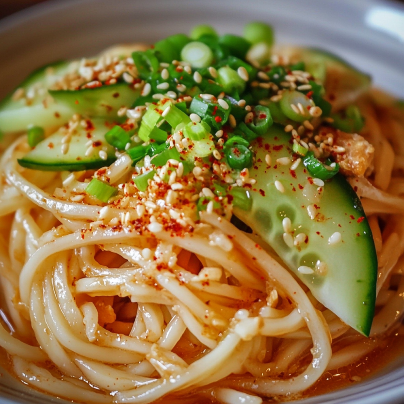 A bowl of cold sesame noodles with vegetables.