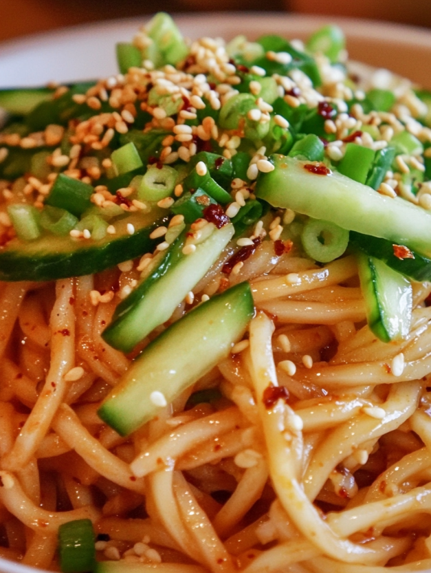 Cold Sesame Noodles with Cucumber and Sesame Seeds.