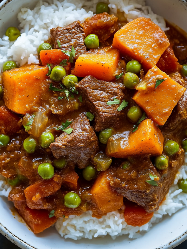 A bowl of beef stew with peas and carrots.