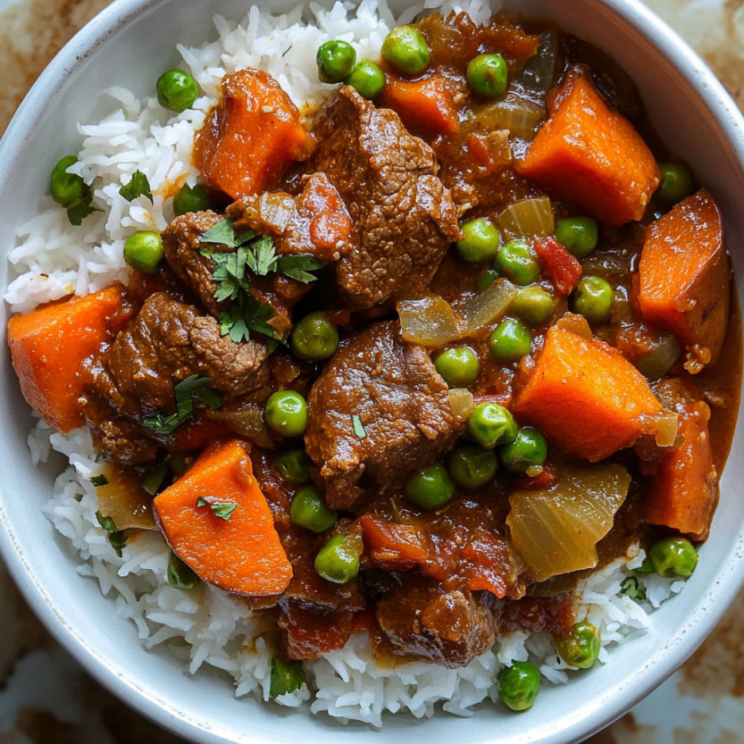 A bowl of beef stew with rice and peas.