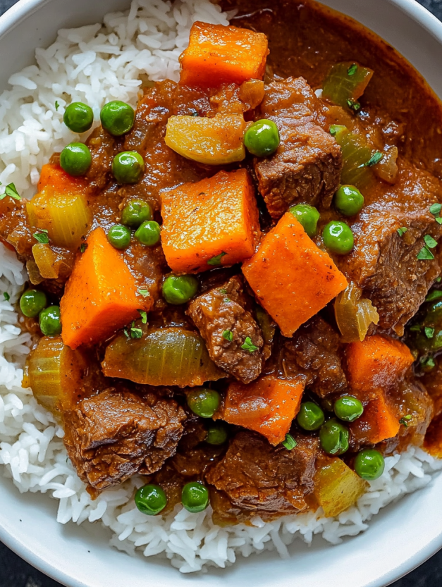 A bowl of beef stew with peas and carrots.
