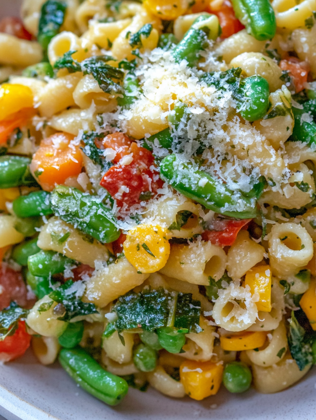 A close up of a pasta primavera dish.