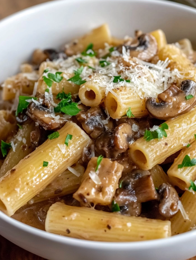 A bowl of pasta with mushrooms and cheese.