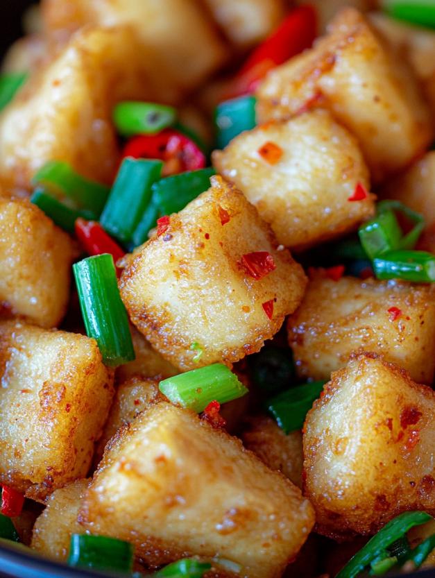 A plate of crispy salt and pepper tofu.
