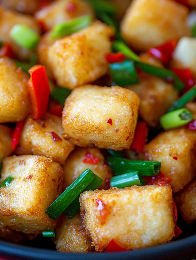 A plate of crispy salt and pepper tofu.