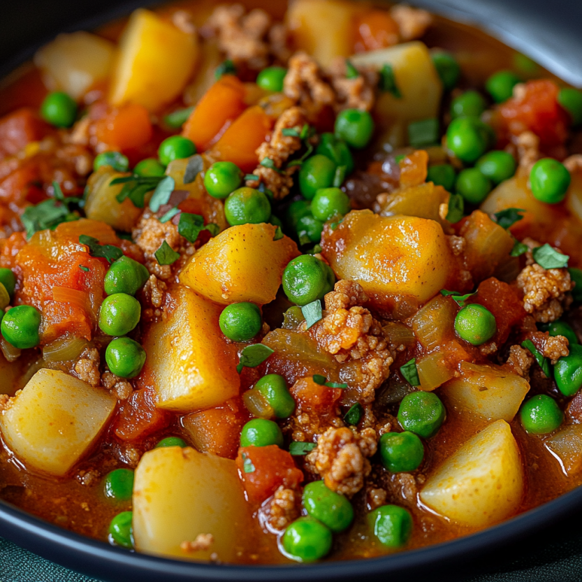 A bowl of food with peas and meat.