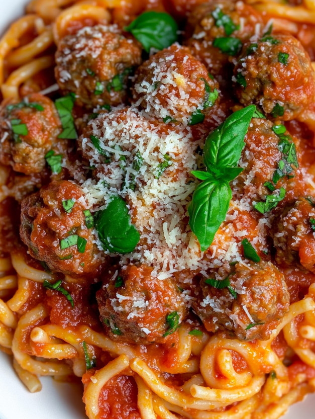 A bowl of spaghetti with meatballs.