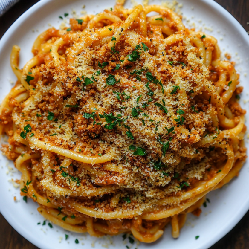 A plate of pasta with a generous amount of cheese and caramelized onions.